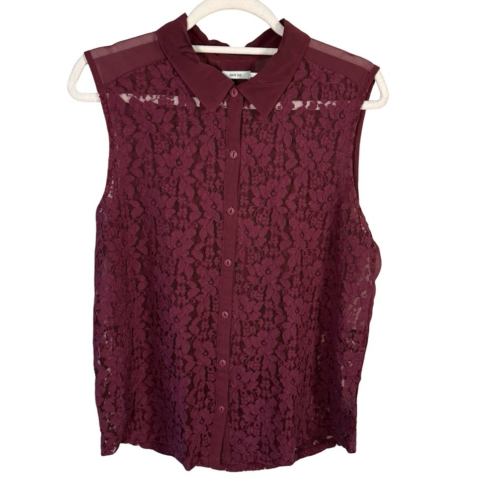 Kimchi Blue Burgundy Lace Button-Up Sleeveless Blouse Size M Sheer Feminine